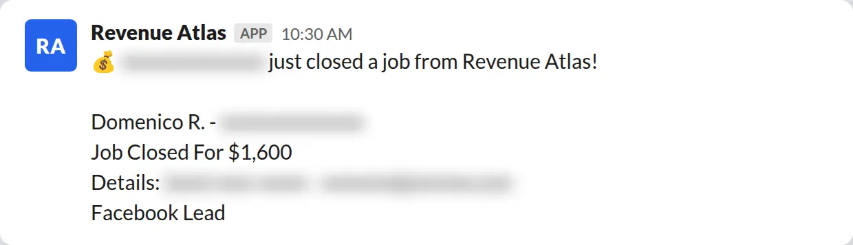 Slack screenshot: Revenue Atlas bot posts a $1,600 closed job from a PaintLaunch client, April 2026. Company name blurred for privacy.