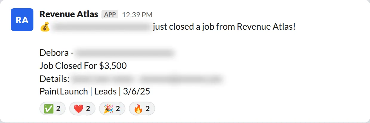 Slack screenshot: Revenue Atlas bot posts a $3,500 closed job from a PaintLaunch client, May 2026. Company name blurred for privacy.