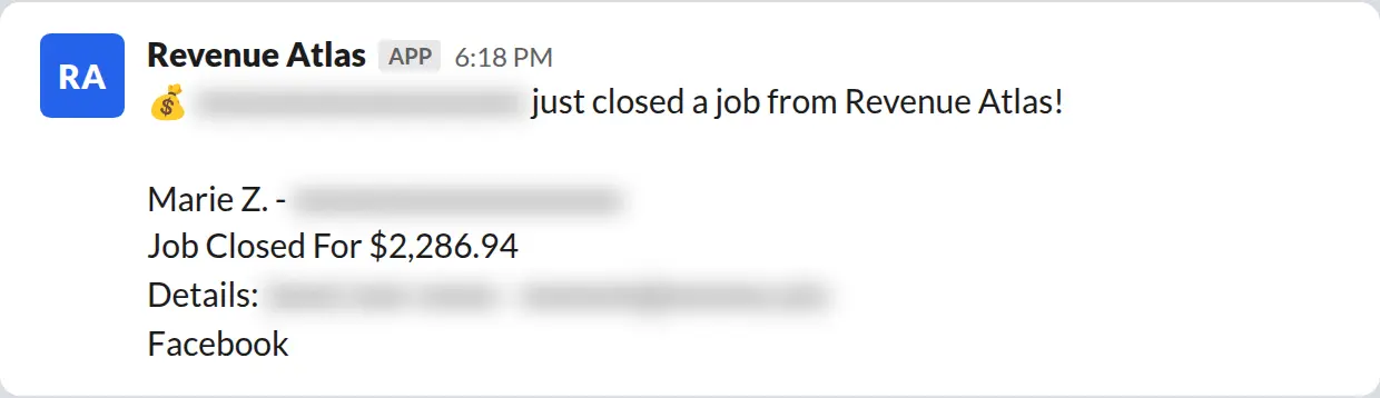 Slack screenshot: Revenue Atlas bot posts a $2,287 closed job from a PaintLaunch client, May 2026. Company name blurred for privacy.