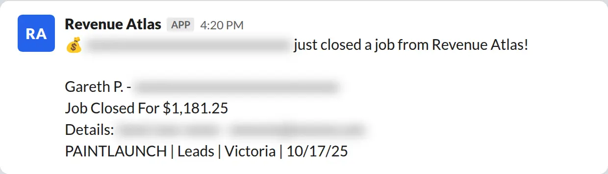 Slack screenshot: Revenue Atlas bot posts a $1,181 closed job from a PaintLaunch client, May 2026. Company name blurred for privacy.
