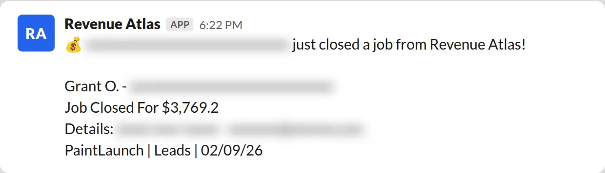 Slack screenshot: Revenue Atlas bot posts a $3,769 closed job from a PaintLaunch client, May 2026. Company name blurred for privacy.