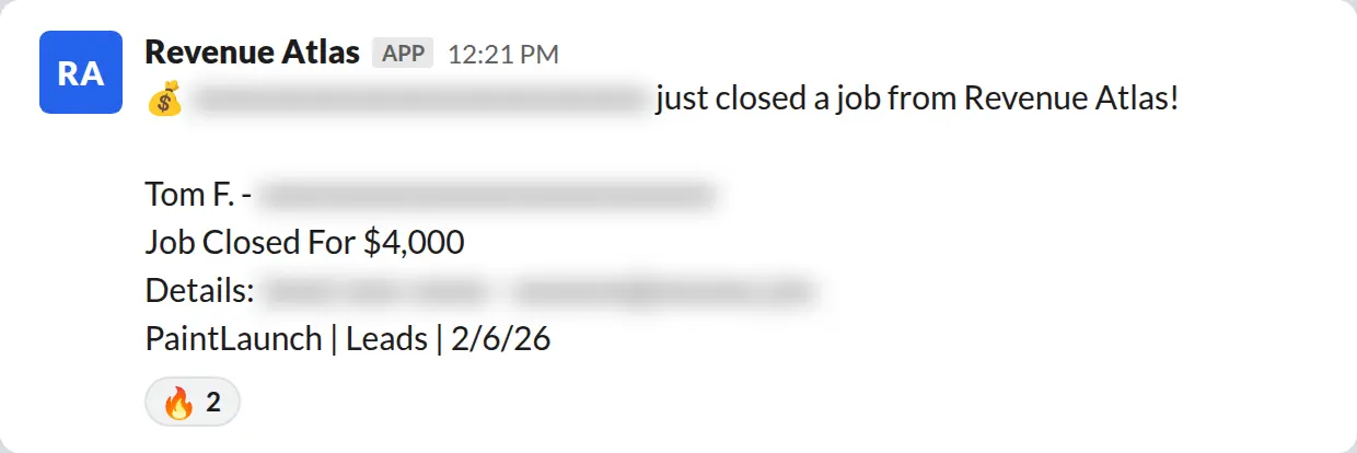Slack screenshot: Revenue Atlas bot posts a $4,000 closed job from a PaintLaunch client, May 2026. Company name blurred for privacy.