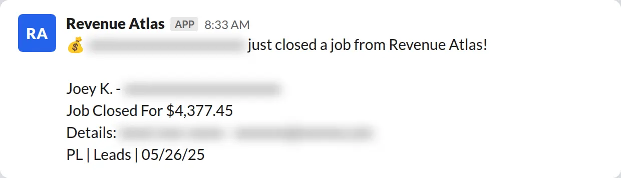 Slack screenshot: Revenue Atlas bot posts a $4,377 closed job from a PaintLaunch client, May 2026. Company name blurred for privacy.