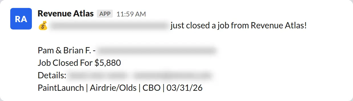 Slack screenshot: Revenue Atlas bot posts a $5,880 closed job from a PaintLaunch client, May 2026. Company name blurred for privacy.
