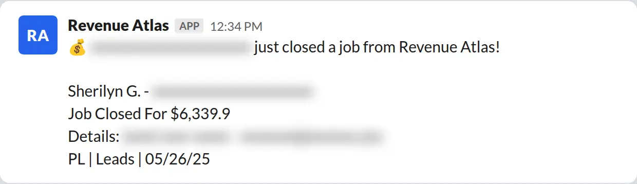 Slack screenshot: Revenue Atlas bot posts a $6,340 closed job from a PaintLaunch client, May 2026. Company name blurred for privacy.