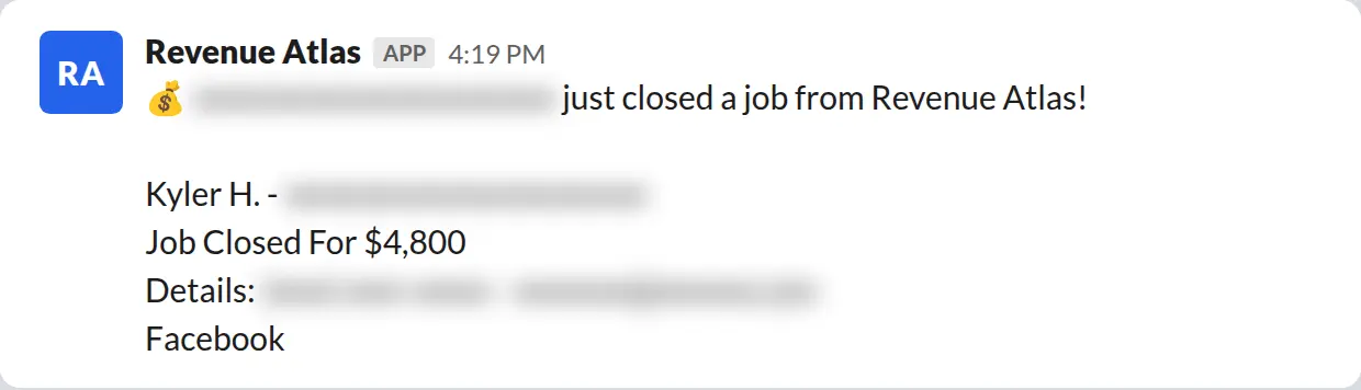 Slack screenshot: Revenue Atlas bot posts a $4,800 closed job from a PaintLaunch client, May 2026. Company name blurred for privacy.
