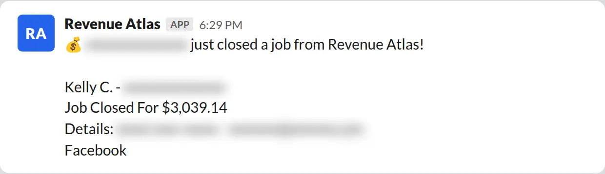 Slack screenshot: Revenue Atlas bot posts a $3,039 closed job from a PaintLaunch client, May 2026. Company name blurred for privacy.