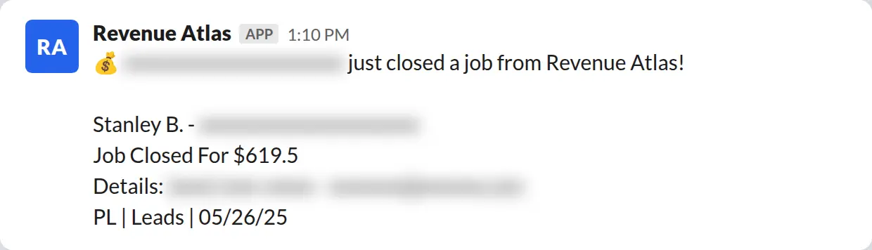 Slack screenshot: Revenue Atlas bot posts a $620 closed job from a PaintLaunch client, May 2026. Company name blurred for privacy.