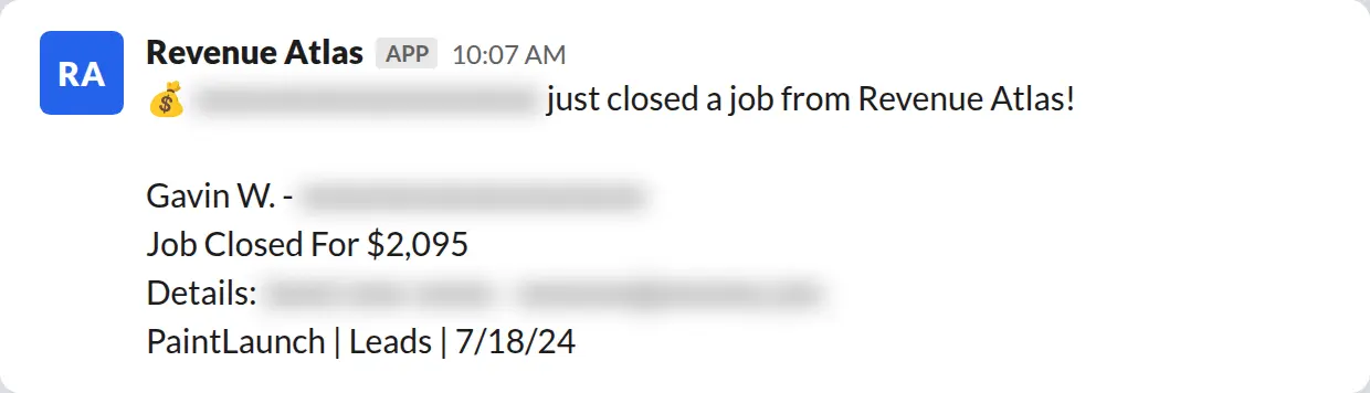 Slack screenshot: Revenue Atlas bot posts a $2,095 closed job from a PaintLaunch client, May 2026. Company name blurred for privacy.