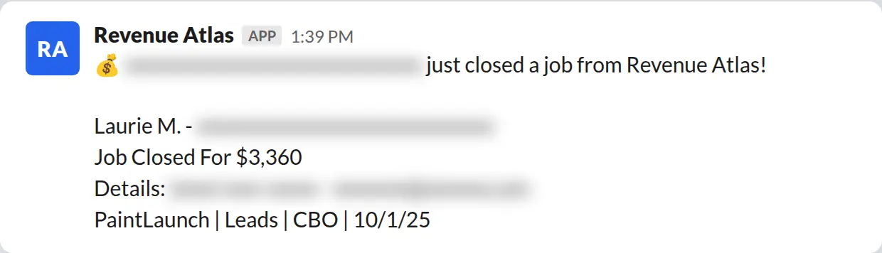 Slack screenshot: Revenue Atlas bot posts a $3,360 closed job from a PaintLaunch client, May 2026. Company name blurred for privacy.