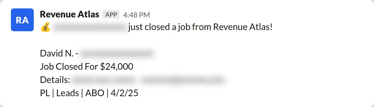 Slack screenshot: Revenue Atlas bot posts a $24,000 closed job from a PaintLaunch client, May 2026. Company name blurred for privacy.