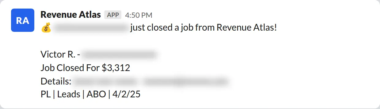Slack screenshot: Revenue Atlas bot posts a $3,312 closed job from a PaintLaunch client, May 2026. Company name blurred for privacy.