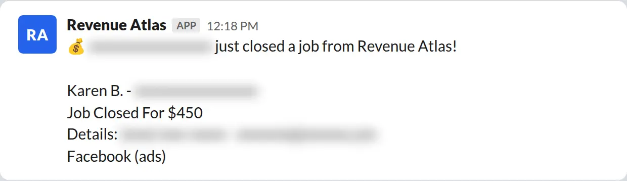 Slack screenshot: Revenue Atlas bot posts a $450 closed job from a PaintLaunch client, June 2026. Company name blurred for privacy.