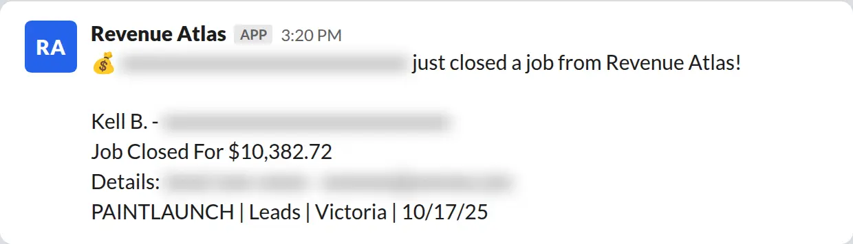 Slack screenshot: Revenue Atlas bot posts a $10,383 closed job from a PaintLaunch client, June 2026. Company name blurred for privacy.