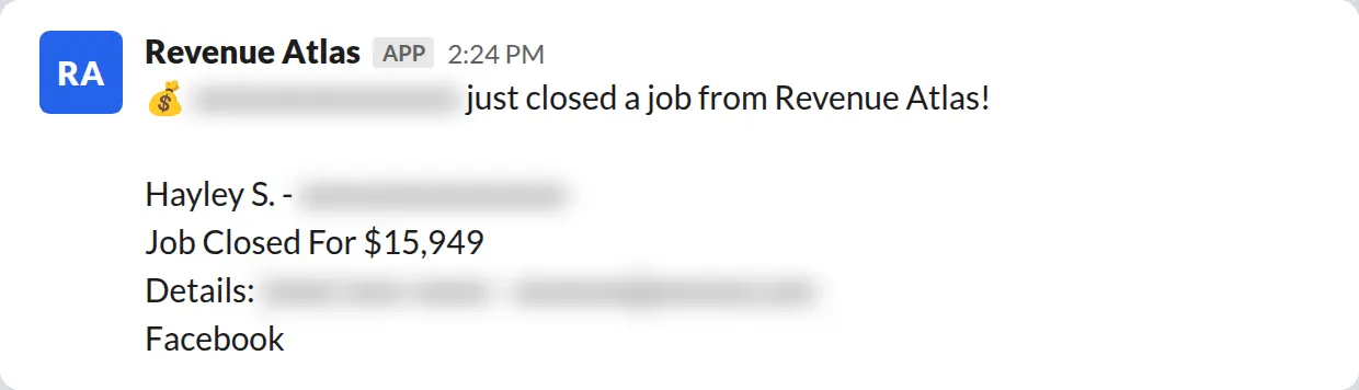 Slack screenshot: Revenue Atlas bot posts a $15,949 closed job from a PaintLaunch client, June 2026. Company name blurred for privacy.