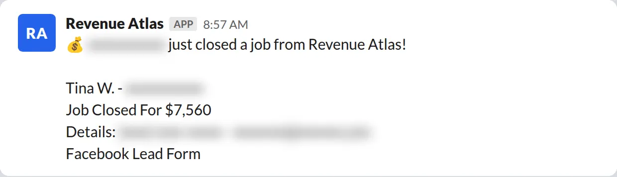 Slack screenshot: Revenue Atlas bot posts a $7,560 closed job from a PaintLaunch client, June 2026. Company name blurred for privacy.