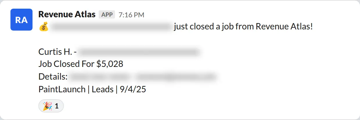 Slack screenshot: Revenue Atlas bot posts a $5,028 closed job from a PaintLaunch client, June 2026. Company name blurred for privacy.