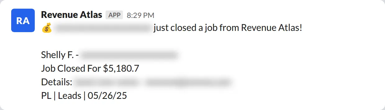 Slack screenshot: Revenue Atlas bot posts a $5,181 closed job from a PaintLaunch client, June 2026. Company name blurred for privacy.