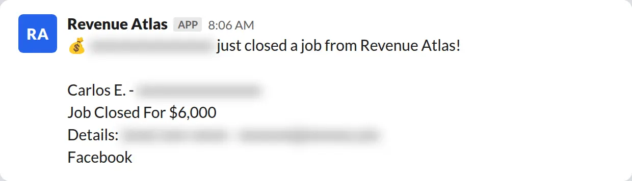 Slack screenshot: Revenue Atlas bot posts a $6,000 closed job from a PaintLaunch client, June 2026. Company name blurred for privacy.