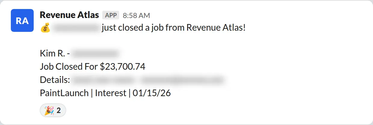 Slack screenshot: Revenue Atlas bot posts a $23,701 closed job from a PaintLaunch client, June 2026. Company name blurred for privacy.