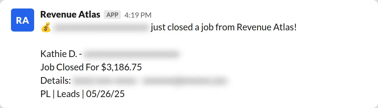 Slack screenshot: Revenue Atlas bot posts a $3,187 closed job from a PaintLaunch client, June 2026. Company name blurred for privacy.