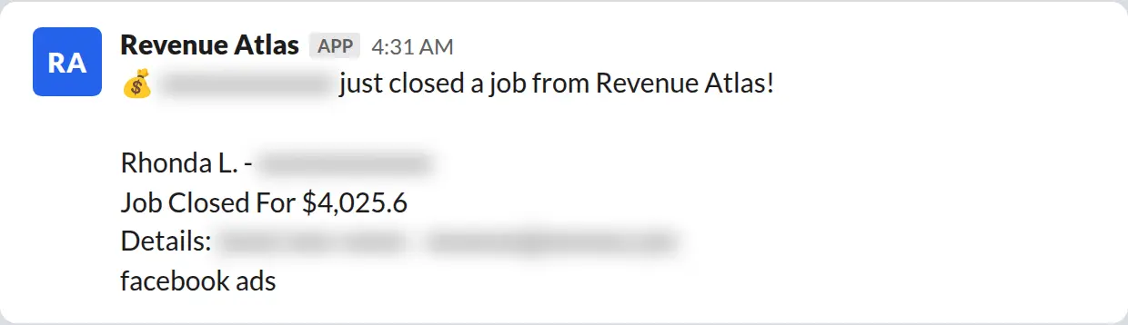 Slack screenshot: Revenue Atlas bot posts a $4,026 closed job from a PaintLaunch client, June 2026. Company name blurred for privacy.