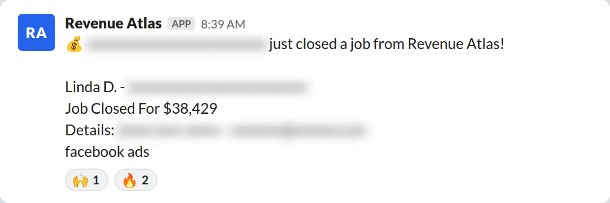 Slack screenshot: Revenue Atlas bot posts a $38,429 closed job from a PaintLaunch client, June 2026. Company name blurred for privacy.