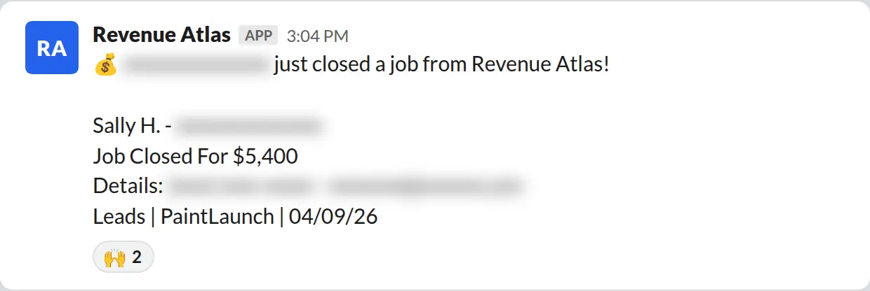 Slack screenshot: Revenue Atlas bot posts a $5,400 closed job from a PaintLaunch client, July 2026. Company name blurred for privacy.