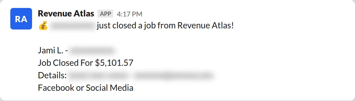 Slack screenshot: Revenue Atlas bot posts a $5,102 closed job from a PaintLaunch client, July 2026. Company name blurred for privacy.
