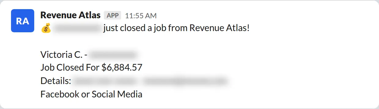 Slack screenshot: Revenue Atlas bot posts a $6,885 closed job from a PaintLaunch client, July 2026. Company name blurred for privacy.
