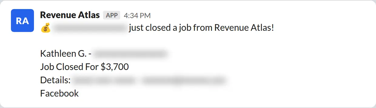 Slack screenshot: Revenue Atlas bot posts a $3,700 closed job from a PaintLaunch client, July 2026. Company name blurred for privacy.