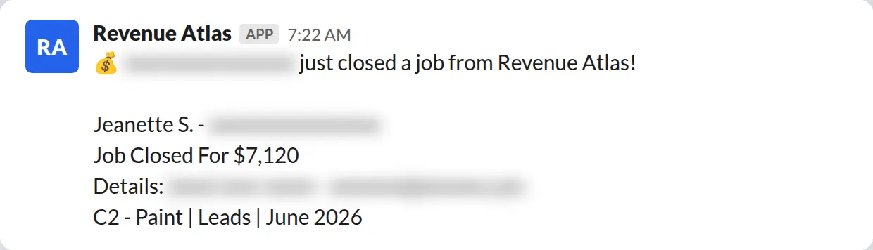 Slack screenshot: Revenue Atlas bot posts a $7,120 closed job from a PaintLaunch client, July 2026. Company name blurred for privacy.