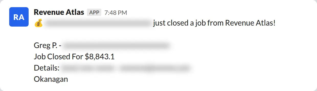 Slack screenshot: Revenue Atlas bot posts a $8,843 closed job from a PaintLaunch client, July 2026. Company name blurred for privacy.