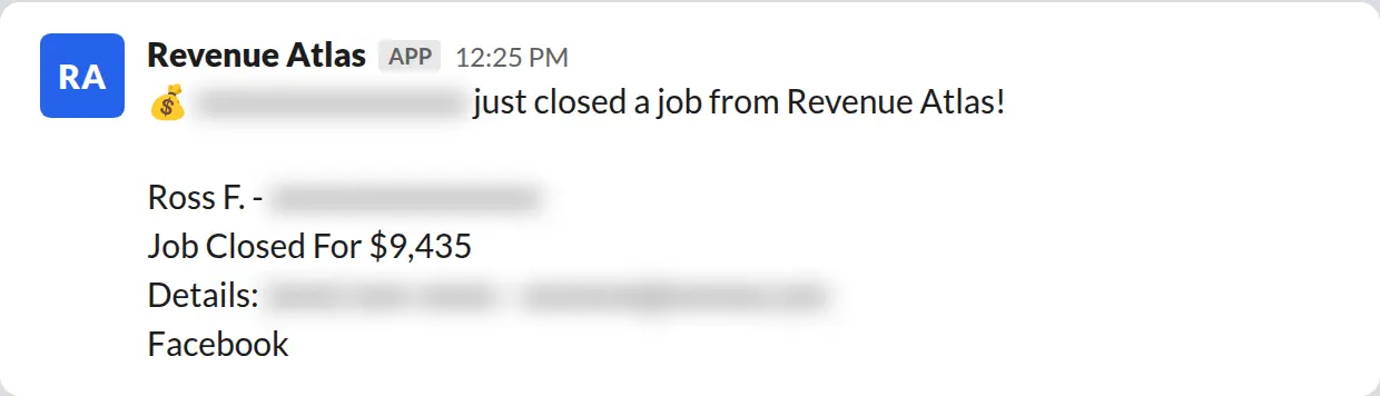 Slack screenshot: Revenue Atlas bot posts a $9,435 closed job from a PaintLaunch client, July 2026. Company name blurred for privacy.